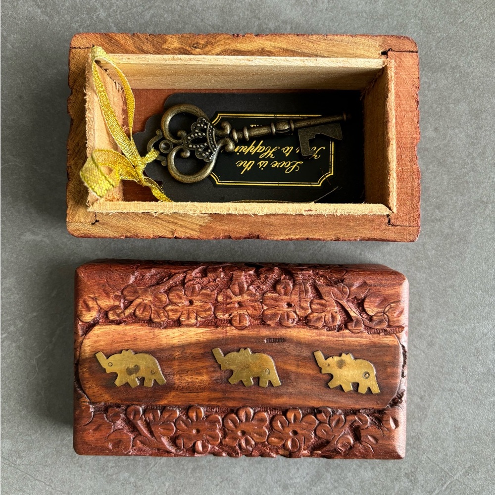 Hand carved Rosewood box, keepsake, treasure box adorned with 3 Elephants